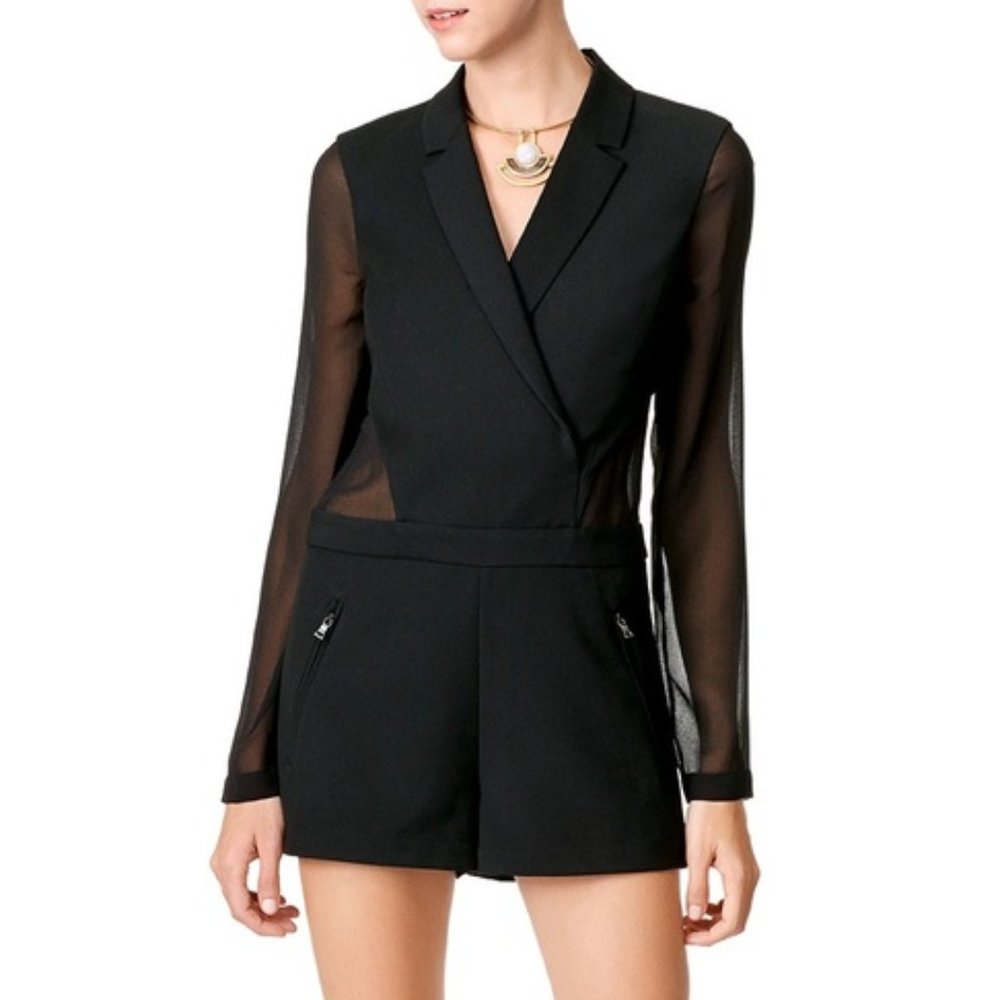 BCBG Black Elshane Sheer Long Sleeve Romper